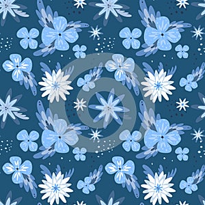 Abstract flowers on a dark blue background. Seamless pattern with simple chamomile,white daisies .Summer floral vector