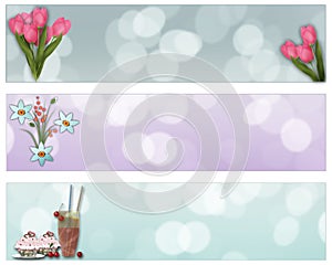 Abstract flowers and desserts, brochure template, banners set