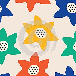 Abstract flowers hand drawn vector illustration. Colorful floral ornament in flat style seamless pattern for kids fabric.