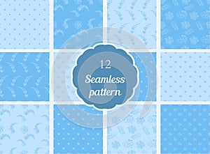 Abstract flowers, hearts, circles. Set of seamless patterns in soft blue and blue tones