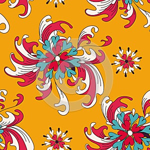 Abstract flowers on an orange background seamless pattern
