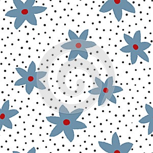 Abstract flowers painted with watercolor brush and polka dot. Cute floral pattern.