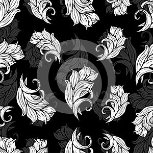 Abstract flowers and plants seamless pattern, vector black white background, monochrome. Natural stylized ornament. Hand drawing