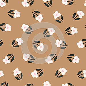 Abstract flowers seamless pattern with small floral elements composition in earthy colors. Hand drawn vector illustration