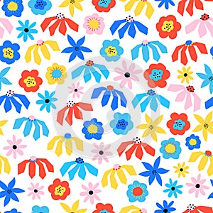 Abstract flowers seamless vector pattern blue red yellow pink white. Floral repeating background Scandinavian style for wallpaper