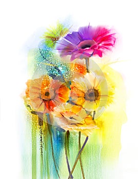 Abstract flowers watercolor painting daisy gerbera flowers photo