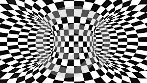 Abstract flowing checkered tunnel optical illusion. Black and white chequer motion pattern. Seamless loop background