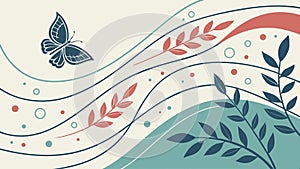 Abstract flowing lines with leaves and scattered dots vector design Generative AI