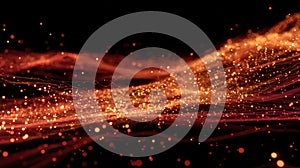 Abstract flowing wave connecting orange data particles