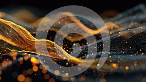 Abstract flowing waves with glowing particles representing data