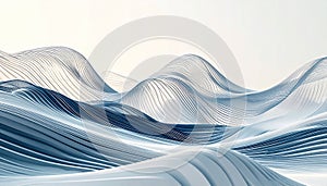 Abstract flowing waves of light blue and white lines creating a serene landscape of undulating forms and soft gradients