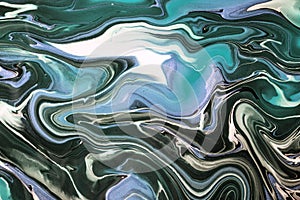 Abstract fluid art background black and blue colors. Liquid marble. Acrylic painting on canvas with gray