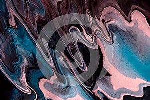 Abstract fluid art background blue, pink and black colors. Liquid marble. Acrylic painting with brown gradient