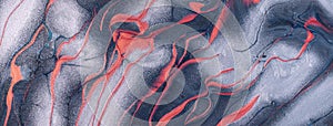 Abstract fluid art background dark gray and silver colors. Liquid marble. Acrylic painting with red lines and gradient