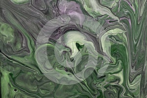 Abstract fluid art background dark green and olive colors. Liquid marble. Acrylic painting with gray gradient and splash