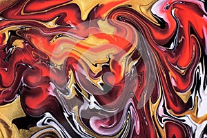 Abstract fluid art background dark red and golden color. Liquid marble. Acrylic painting with orange lines and gradient