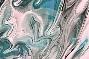 Abstract fluid art background light blue and gray colors. Liquid marble. Acrylic painting with turquoise gradient