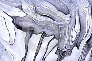 Abstract fluid art background light gray and white color. Liquid marble. Acrylic painting on canvas with black gradient