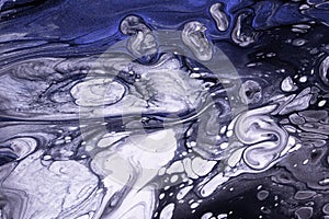 Abstract fluid art background navy blue and gray colors. Acrylic painting with white gradient and splash