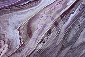 Abstract fluid art background purple and gray colors. Liquid marble. Acrylic painting with violet gradient and splash