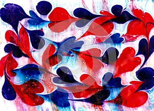 Abstract fluid art background. Red, blue, purple and white colors mix together. Beautiful creative print. Abstract art hand paint