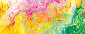 Abstract fluid art background showcasing bright, cheerful colors of yellow, pink, and green, photo