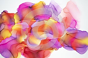 Abstract fluid art painting background alcohol ink, mixture of pink, purple and yellow paints. Transparent overlayers of ink