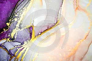 Abstract fluid art painting background in alcohol ink technique, mixture of magenta, purple and gold paints.