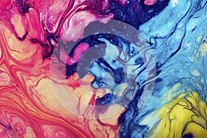 Abstract fluid art painting background in alcohol ink technique, mixture of pink, purple and yellow paints. ai generated