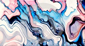 Abstract fluid art painting made in alcohol ink technique in grey pink blue white black colors.