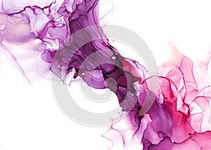 Abstract fluid art painting. Transparent overlayers of alcohol inks of purple and maroon ombre colors.