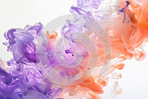 An abstract fluid art piece with dynamic swirls of orange and purple ink merging in water.