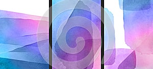 Abstract fluid art poster collection. Contemporary art print templates. Blue, violet, pink watercolor Illustration on white