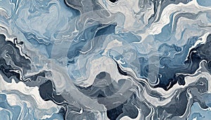 Abstract fluid art with swirl of acrylic pouring paints. Modern blue and gray painting