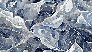 Abstract fluid art with swirl of acrylic pouring paints. Modern blue and gray painting