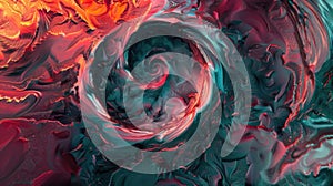 Abstract fluid art with swirl patterns. Marble texture in red, turquoise, and black hues