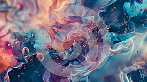 Abstract fluid art with swirling, colorful patterns and floating bubbles, creating a dynamic and mesmerizing visual effect