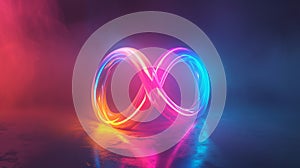 Abstract fluid iridescent holographic neon rainbow color infinity shape background. Luminous 3D curved shape on gradient
