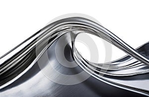Abstract fluid metal bent form. Metallic shiny curved wave in motion. Cut out design element steel texture effect