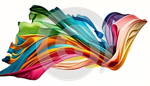 Abstract flying colorful fabric on white background isolated. Fabric Cloth Flowing Wind, Textile Wave Flying In Motion. COlorful