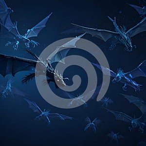 Abstract flying dragons on a dark blue background