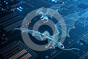 Abstract flying dragons on dark blue background