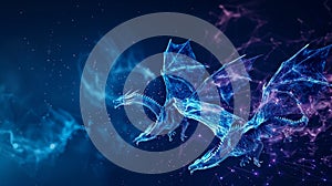 Abstract flying dragons on a dark blue background. Technological background for design on the topic of artificial intelligence,