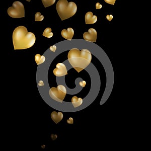 Abstract flying gold hearts on black background