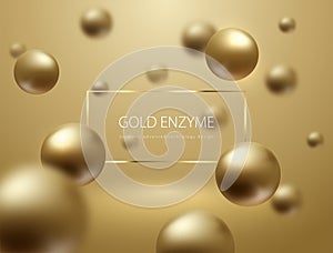 Abstract flying sphere golden balls on studio background. Rectangular gold frame header. Blurred globes. Luxury trendy design for