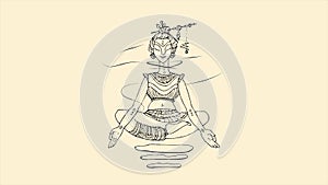 Abstract, flying up and down Buddha in lotus position on beige background. Line illustration of soaring Buddha, Buddhism