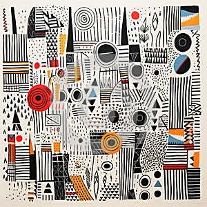 Abstract Folk Art: Pen And Ink Pattern In Memphis Design Style