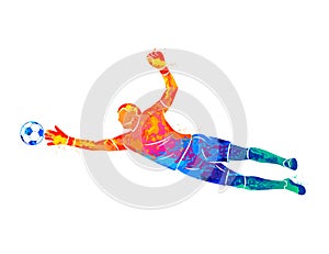 Abstract football goalkeeper is jumping for the ball Soccer from a splash of watercolors