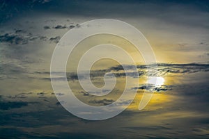 The abstract formation and texture of the clouds over and around the sun. Above the Gulf of Mexico in florida