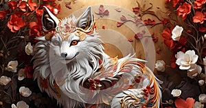 Abstract fox with beautiful abstract blossom flowers background